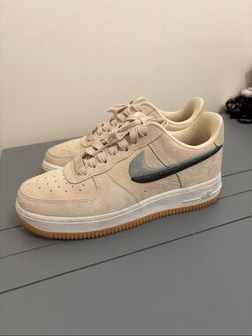 Nike Air Force 1 Low Suede Sneakers in Beige with Black Swoosh and Gum Sole
